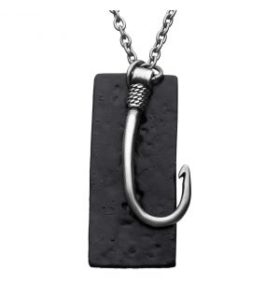 Men's Stainless Steel Antiqued Finish Fish Hook and Black Leather Tag Pendant with chain