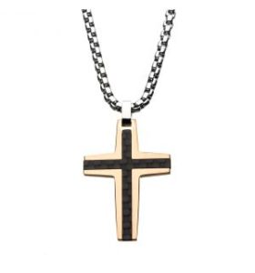 INOX Rose Gold Plated Cross Pendant with Carbon Fiber Inlay