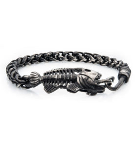 Gun Metal Plated Wheat Chain with Fishbone on Hook Clasp Bracelet