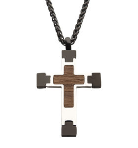 INOX Steel and Black Cross Pendant with Genuine Wood Inlay
