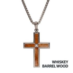 Whiskey Barrel Wood Inlay with CZ Cross Pendant
