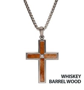 Whiskey Barrel Wood Inlay with CZ Cross Pendant