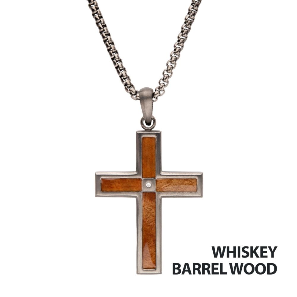 Whiskey Barrel Wood Inlay with CZ Cross Pendant